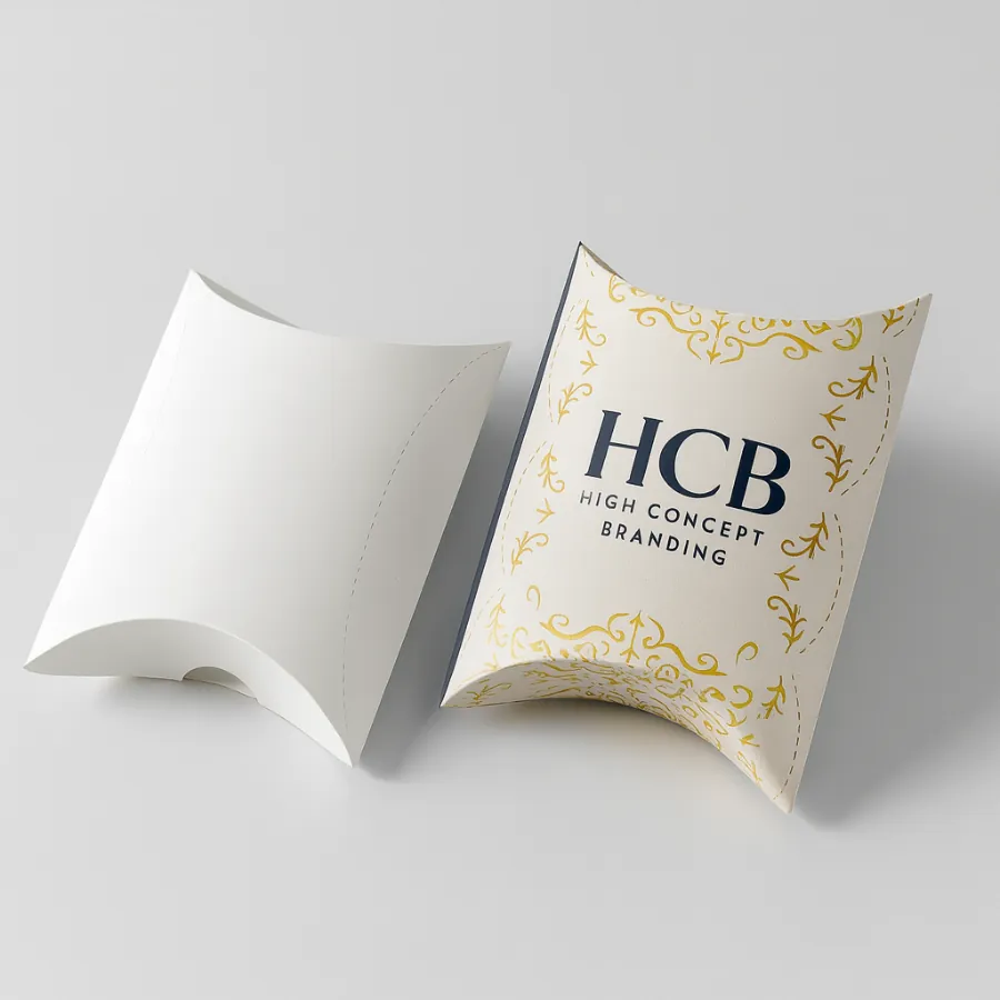 Simple white pillow box next to a cream one with intricate gold ornate border designs and HCB logo- class=